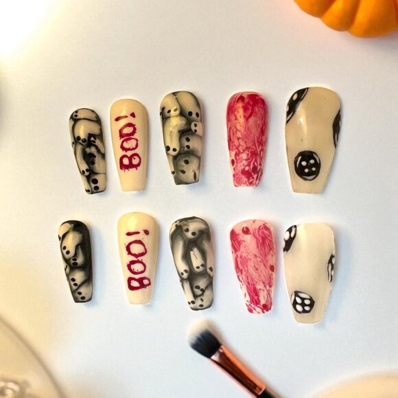 Halloween Nail Art, Cute Acrylic Nails with Halloween Print and Bows, Spring Nai - Picture 2 of 2